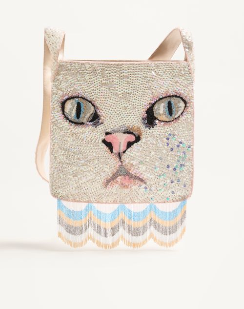 Valentino Garavani - Valentino Garavani Le Chat De La Maison Embroidered Shoulder Bag With Fringes - Butter - Woman - Shoulder Bags