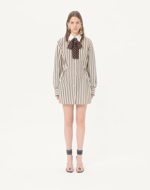 Valentino - Midi Dress In Printed Striped Poplin - Ivory/chocolate - Woman - Dresses
