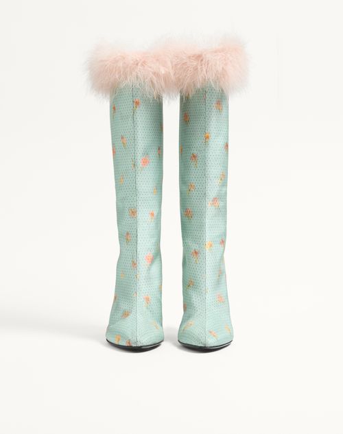 Valentino Garavani - Bottes Hotty En Tissu Chiné À Motif Floral Et À Pois, Ornées De Plumes, Talon : 100 mm - Bleu Ciel - Femme - Bottes