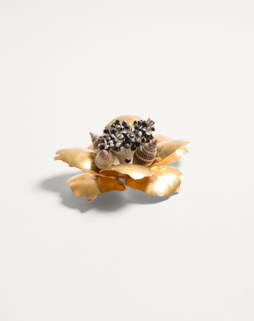 Valentino Garavani - Jardin Aquatique Brooch In Metal, Fabric And Shells - Antique Brass - Woman - Jewelry