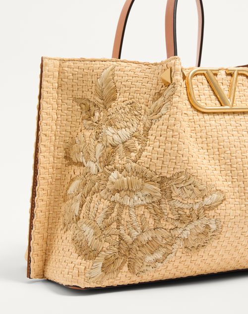 Valentino Garavani - Medium Shopping Bag In Raffia With Floral Embroidery - Natural - Woman - Totes