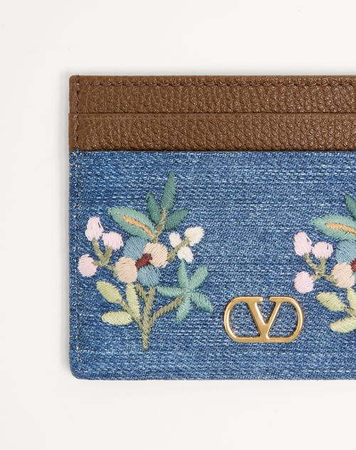 Valentino Garavani - Valentino Garavani Vlogo Signature Card Holder In Denim With Floral Embroidery - Denim - Woman - Wallets And Small Leather Goods