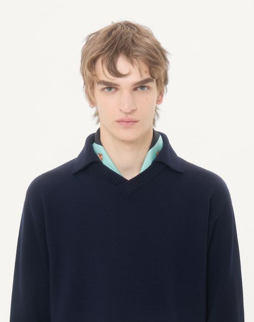 Valentino - Valentino Wool Sweater With Vlogo Signature Patch And Polo Collar - Navy - Man - Knitwear