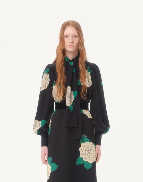 Valentino - Crepe De Chine Shirt With Apres L'hiver Print - Black/multicolor - Woman - Shirts And Tops