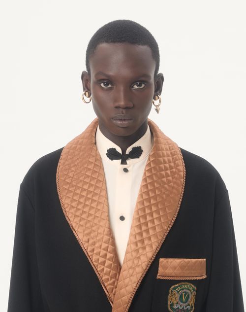 Valentino - Valentino Belted Jacket In Wool And Cashmere Cloth With Embroidered Valentino Patch - Black - Man - Outerwear