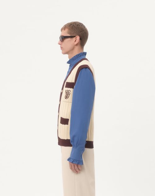 Valentino - Ribbed Cotton Vest With Vg Embroidery - Butter/testa Di Moro - Man - Knitwear