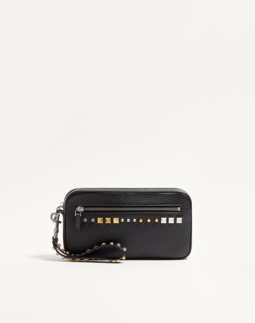 Valentino Garavani - ヴァレンティノ ガラヴァーニ ロックスタッズ グレインカーフスキン ポーチ - ブラック - メンズ - クラッチ＆ポーチ