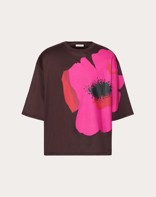 Shop Valentino Mercerised Cotton T-shirt With Flower Portrait Print In Tobacco/pink Pp