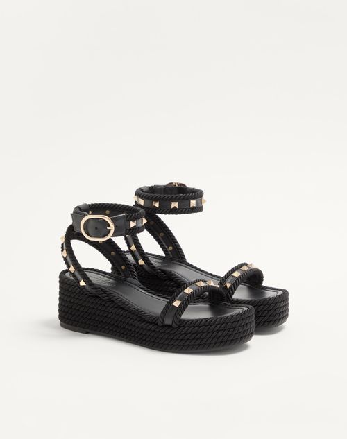 Valentino Garavani - Rockstud Flatform Sandal In Calfskin 45mm - Black - Woman - Espadrilles And Wedges