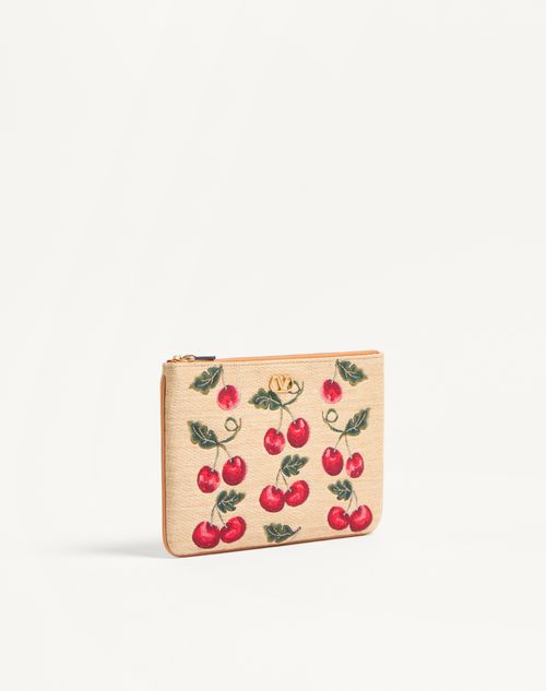 Valentino Garavani - Vlogo Signature Pouch In Jacquard Raffia With Cherryfic Pattern - Natural/red - Woman - Clutches