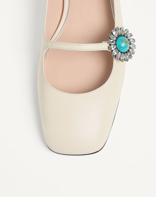 Valentino Garavani - Mary-jane Preshoes Ballerina In Kidskin With Jewel Button 20mm - Ivory/crystal/turquoise - Woman - Ballerinas