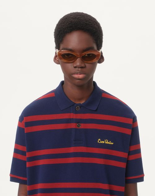 Valentino - Cotton Piqué Polo Shirt With Chez Valentino Embroidery - Blue/red - Man - Tshirts And Sweatshirts