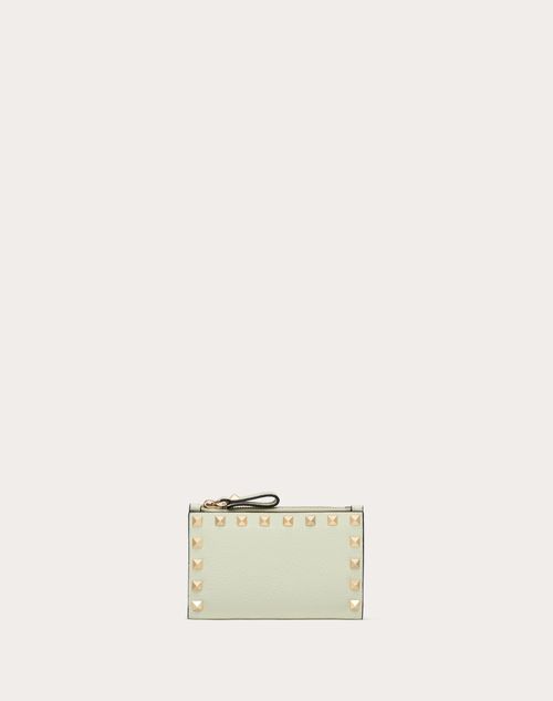 Valentino Garavani Rockstud Grainy Calfskin Cardholder With Zip Woman Meadow Mist Uni In White