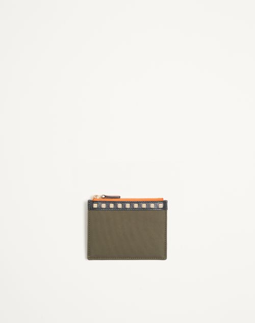 Valentino Garavani - Valentino Garavani Stud-up Coin And Cardholder In Nylon And Grainy Calfskin - Olive Green - Man - Wallets And Small Leather Goods
