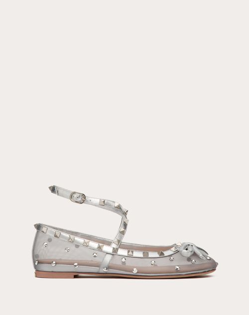 Shop Valentino Garavani Rockstud Mesh Ballerina With Crystals Woman Pastel Grey/silver 42