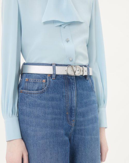 Valentino Garavani - Vlogo Signature Belt In Laminated Calfskin 30 Mm - Silver - Woman - Belts