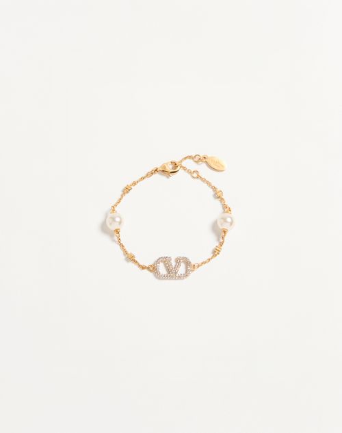 Valentino Garavani Vlogo Signature Bracelet In Metal, Swarovski Crystals And Pearls Woman Gold Onesize