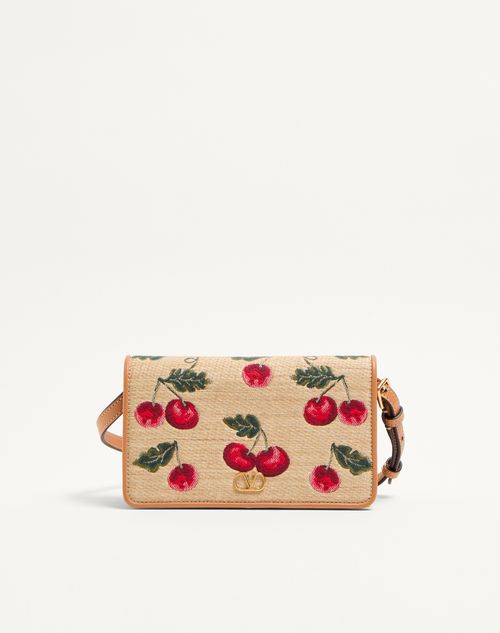 Valentino Garavani Vlogo Signature Mini Shoulder Bag In Jacquard Raffia With Cherryfic Pattern Woman Natural/red Onesize