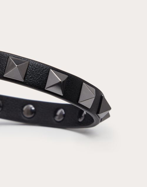 Valentino Garavani - Bracelet Rockstud En Cuir Avec Clous Finition Palladium - Noir - Homme - Bijoux Et Montres