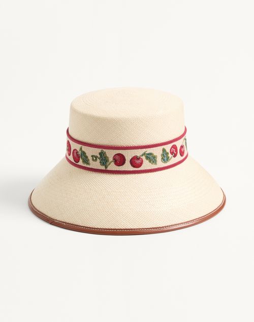 Valentino Garavani - Cherryfic Straw Bucket Hat With Leather Trim And Cherryfic Ribbon - Natural/saddle Brown - Woman - Hats And Gloves