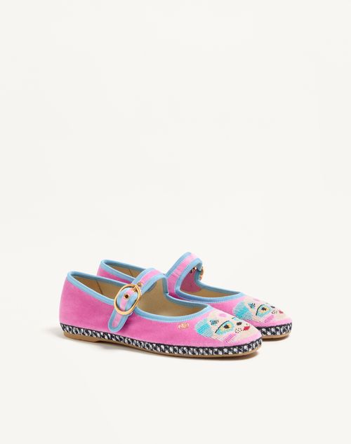 Valentino Garavani - Mary-jane Endouce Velvet Ballerina With Le Chat De La Maison Embroidery - Pink/baltic Blue - Woman - Ballerinas