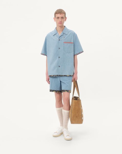 Valentino - Denim Bowling Shirt With Floral Print Trim - Denim - Man - Denim