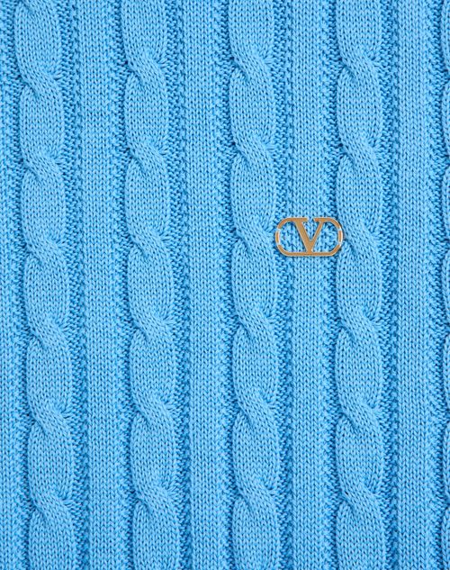 Valentino - Valentino Cable-knit Cotton Crew Neck Jumper With Vlogo On The Chest - Azure - Man - Knitwear
