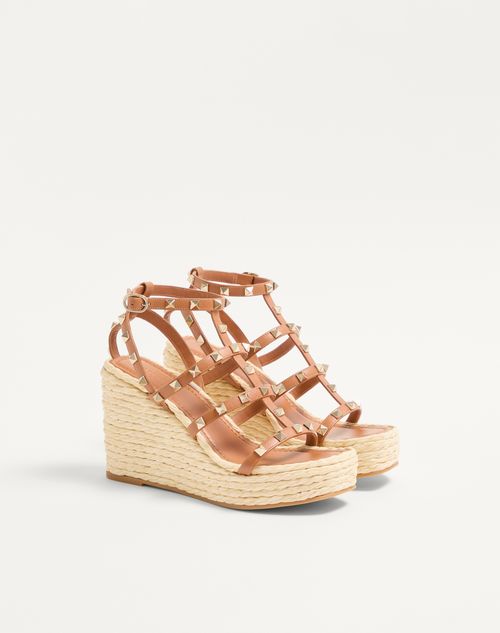 Valentino Garavani - Rockstud Wedge Sandal With Calfskin Straps 95mm - Natural/almond - Woman - Espadrilles And Wedges
