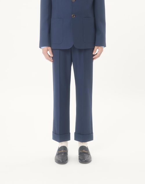 Valentino - Wool Gabardine Trousers With Turn-ups - Blue - Man - Trousers And Shorts