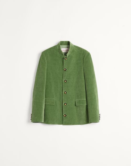Valentino Cotton Velvet And Washed Linen Jacket With Mandarin Collar In Laurel