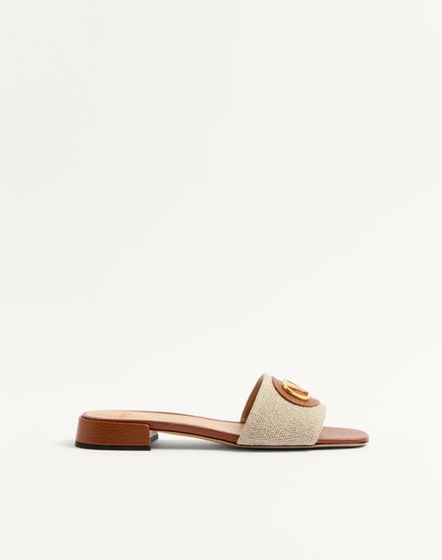 Valentino Garavani - Vlogo Signature Slide Sandal In Canvas 20mm - Natural/saddle Brown - Woman - Slides And Thongs