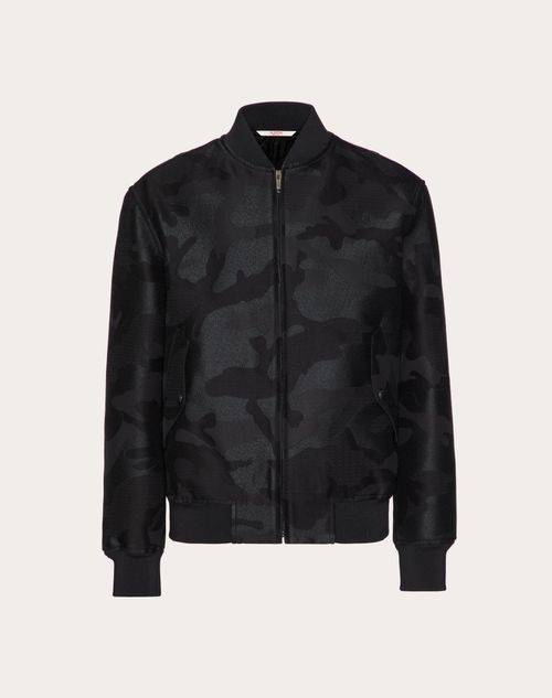 Shop Valentino Cotton Blend Bomber Jacket With All-over Camounoir Pattern In Noir