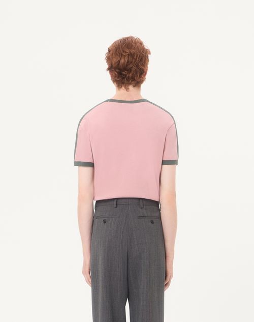 Valentino - Valentino Cotton T-shirt With Crew Neck, Contrasting Side Bands And Vlogo Embroidery - Pink/green - Man - T-shirts And Sweatshirts
