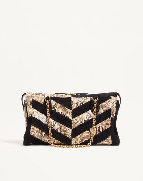 Valentino Garavani - Valentino Garavani Panthea Python And Suede Chevron Motif Shoulder Bag - Natural/black - Woman - Shoulder Bags