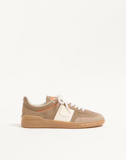 Valentino Garavani Upvillage Low Top Trainer In Split Leather And Calfskin Nappa Leather Man Khaki/ivory 43