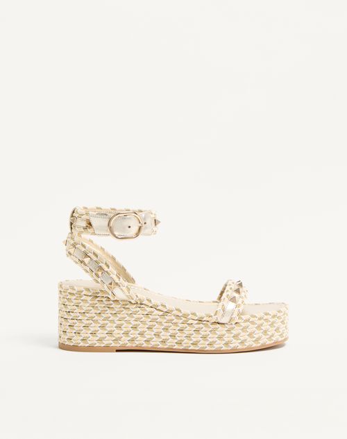Valentino Garavani Rockstud Flatform Sandal In Laminated Nappa Leather 45mm Woman Natural/ivory/gold/platinum 41