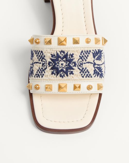 Valentino Garavani - County Slide Sandal In Calfskin With Grape Embroidery 60mm - Ivory/natural/blue - Woman - Sandals