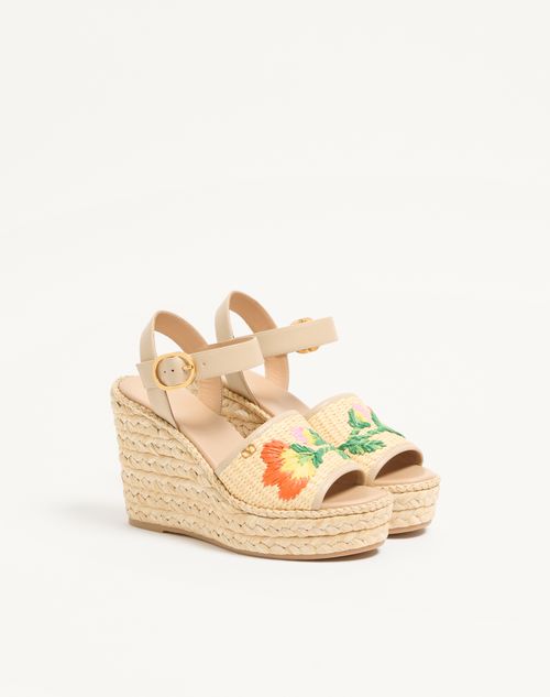 Valentino Garavani - Bribri Raffia Wedge Sandal With Floral Embroidery 115mm - Beige - Woman - Espadrilles And Wedges