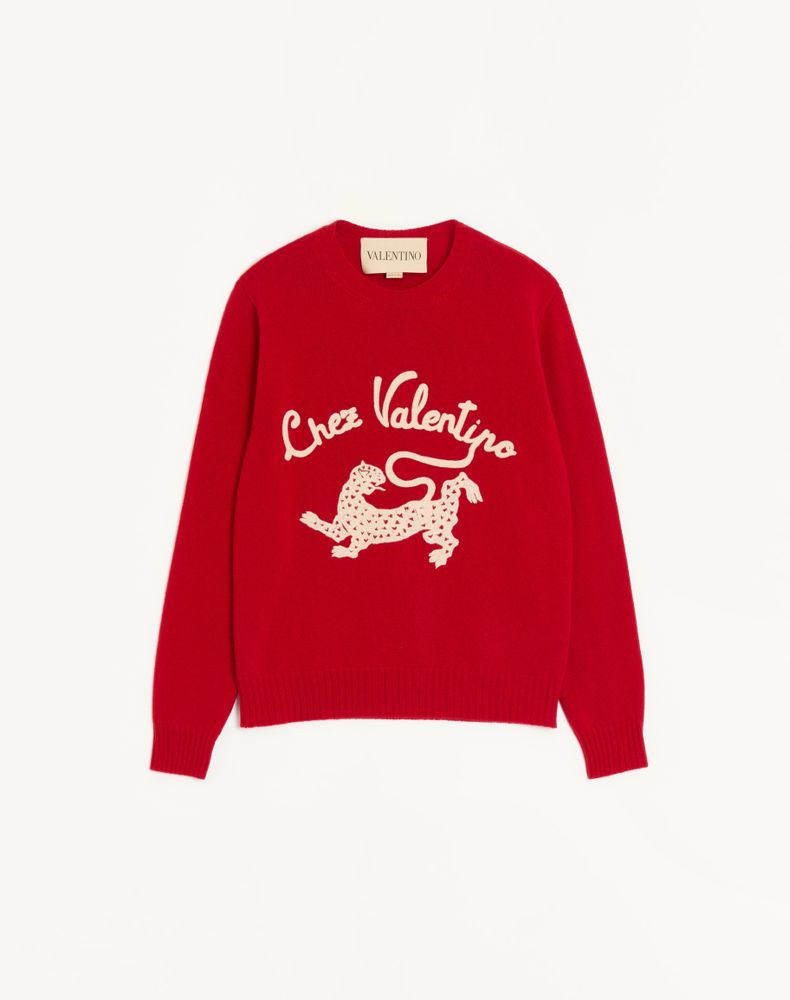 Valentino Wollpullover Mit Chez & Panther-Stickerei Mann Xl Rot