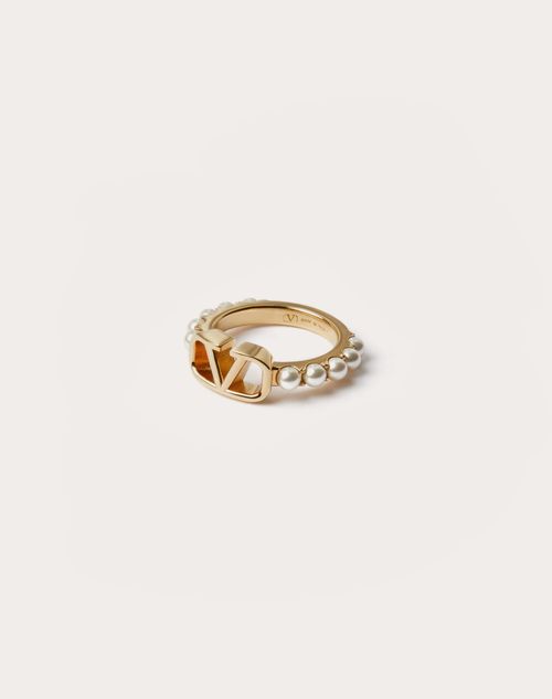 Shop Valentino Garavani Vlogo Signature Metal Ring With Swarovski® Pearls Woman Gold 13