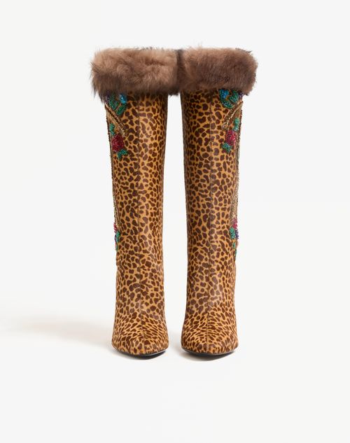 Valentino Garavani - Hotty Boot In Pony-effect Calfskin With Floral Embroidery And Fur 100mm - Animal Print - Woman - Boots