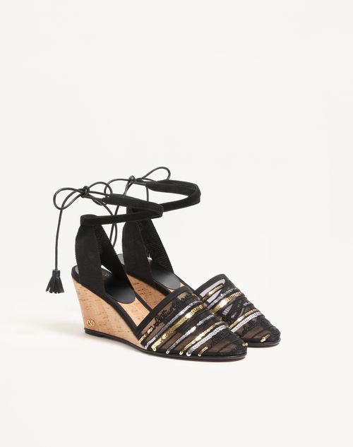 Valentino Garavani - La Cruisette Mesh Wedge With Embroidery 75mm - Black - Woman - Espadrilles And Wedges