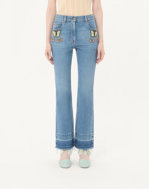 Valentino - Pantalón De Mezclilla Con Bordado Butterfly - Azul - Mujer - Denim