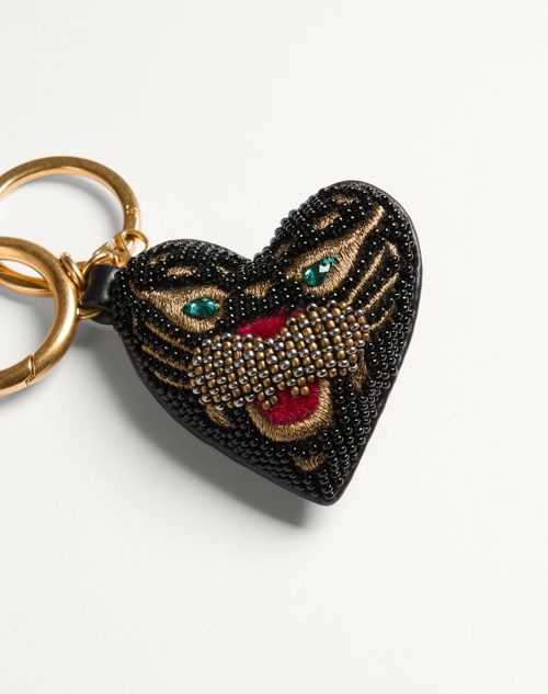 Valentino Garavani - Vg Coeur De Chat Bag Charm With Keychain In Nappa, Beads And Crystals - Multicolor/black - Woman - Bag Charms And Keyrings