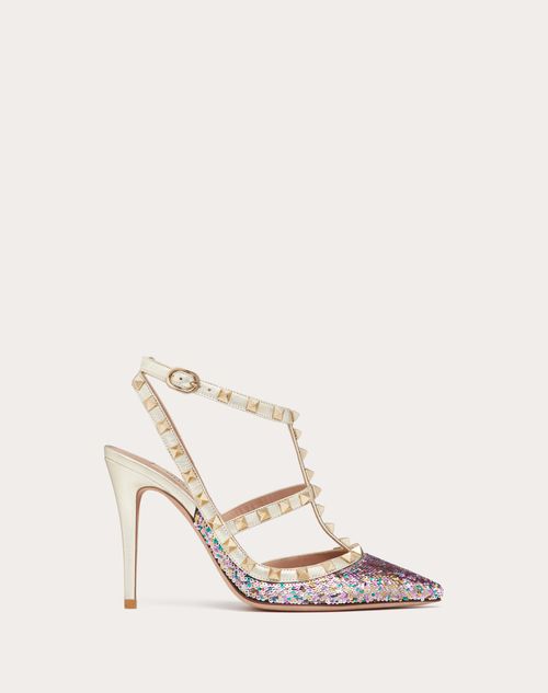 Valentino Garavani Women's Rockstud Pumps With Sequin Embroidery And Straps 100mm In Multicolor Platinum