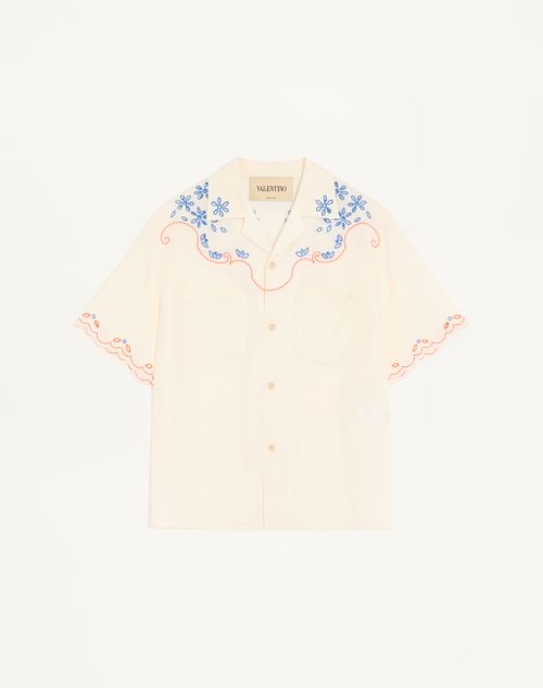 Valentino - Valentino Linen Bowling Shirt In San Gallo With Vlogo Embroidery - Latte - Man - Shirts