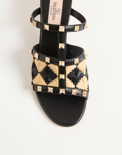 Valentino Garavani - Rockstud Slide Sandal With Raffia Check Embroidery 60mm - Natural/black - Woman - Sandals