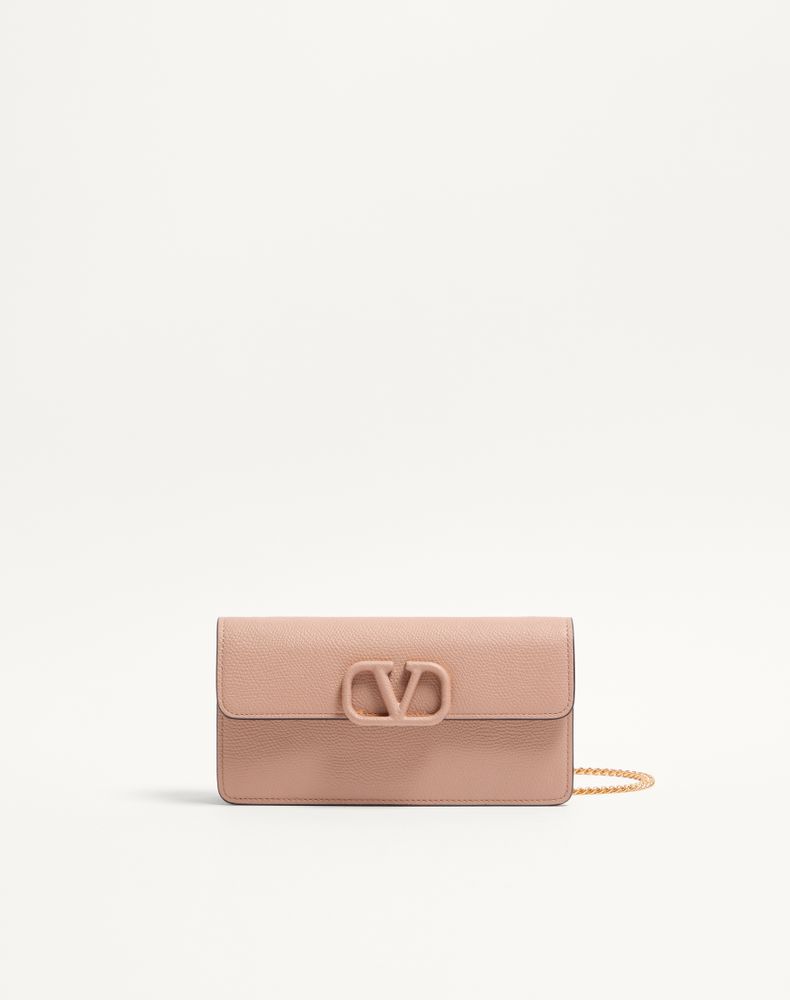 Valentino Garavani Women's Rose Cannelle Vlogo Signature Grainy Calfskin Wallet With Chain Woman Uni