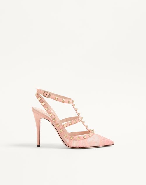 Valentino Garavani Rockstud Lace Pump With Straps 100mm Woman Peach Rose 40 In Pink