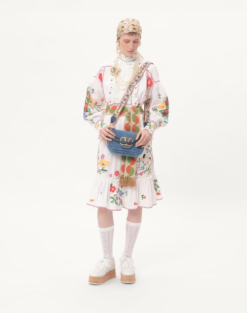 Valentino Garavani - Valentino Garavani Alltime Denim Shoulder Bag With Embroidered Ribbon Strap - Denim/worker - Woman - Shoulder Bags